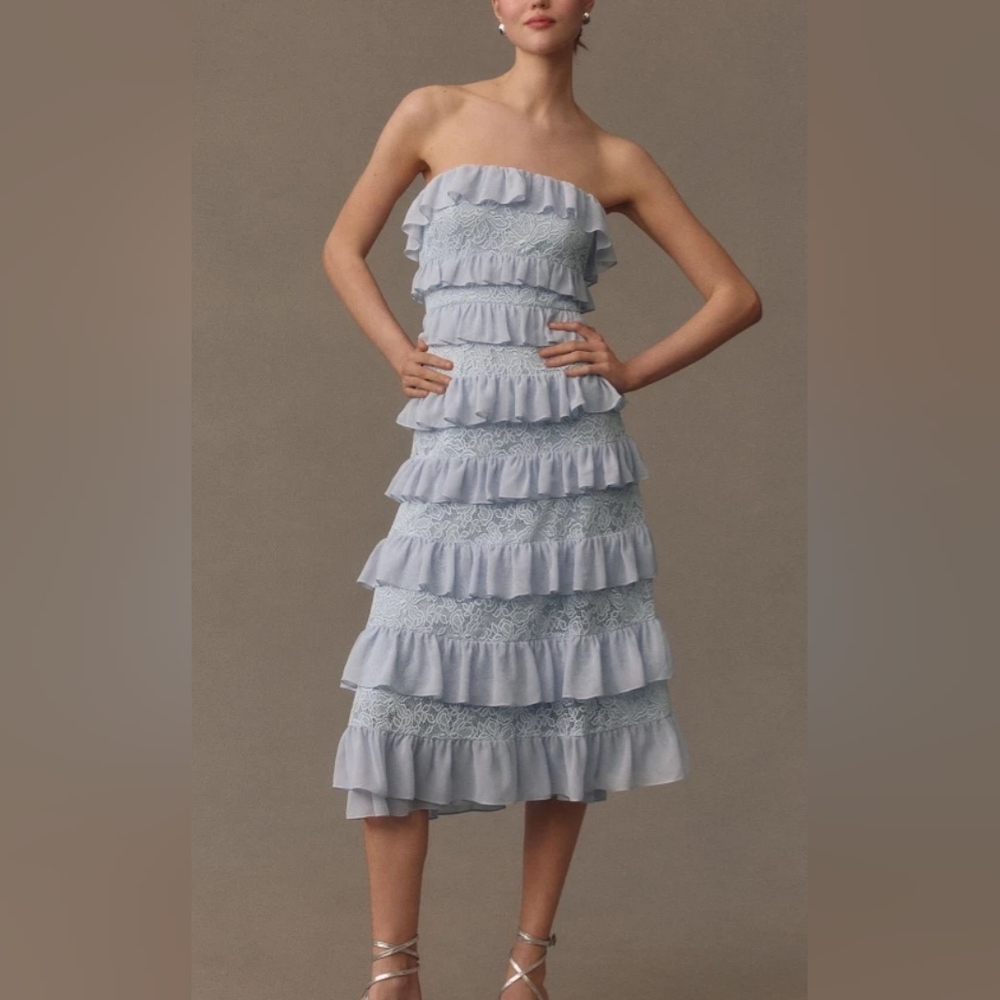 BHLDN Strapless Tiered Chiffon Lace Midi Dress Set in Light Blue Size M